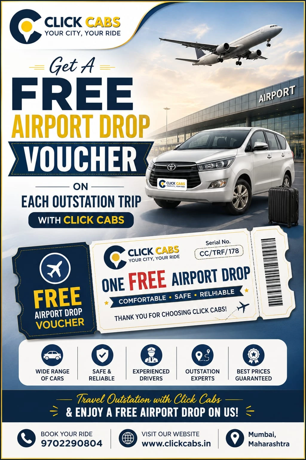 Get a free airport drop voucher on each outstation trip with Click Cabs. Book your ride on 97022 90804.
